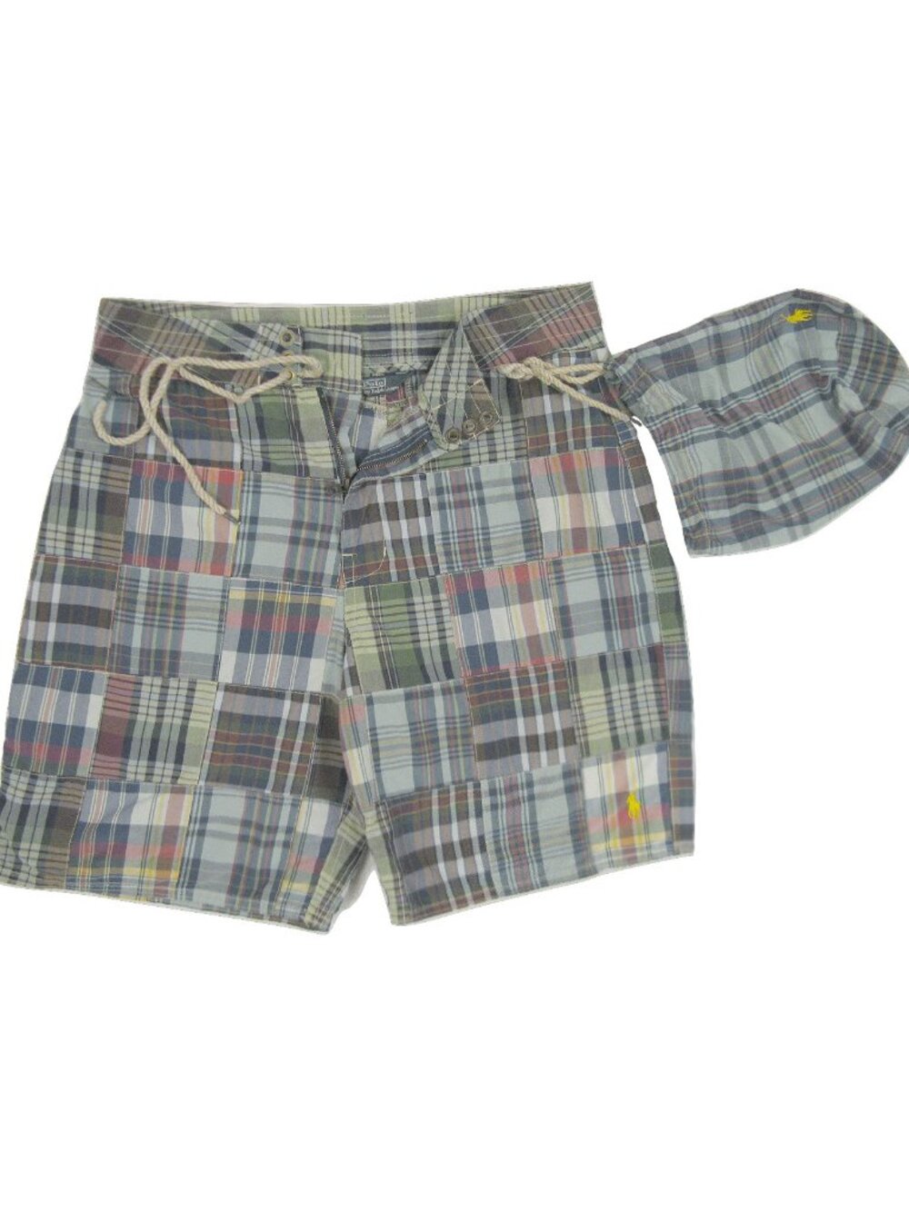 NEW Vintage Polo Ralph Lauren Patchwork Plaid Swim Shorts Bathing Suit & Bag! 40